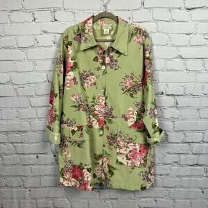 Vtg April Cornell Floral Jacket Womens Medium Green Cotton Chore Coat Cottage